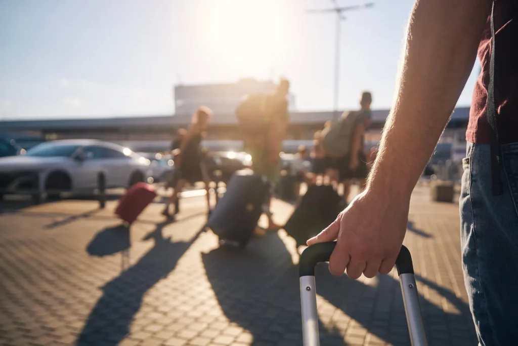 Airport parking with cars and travelers at the airport